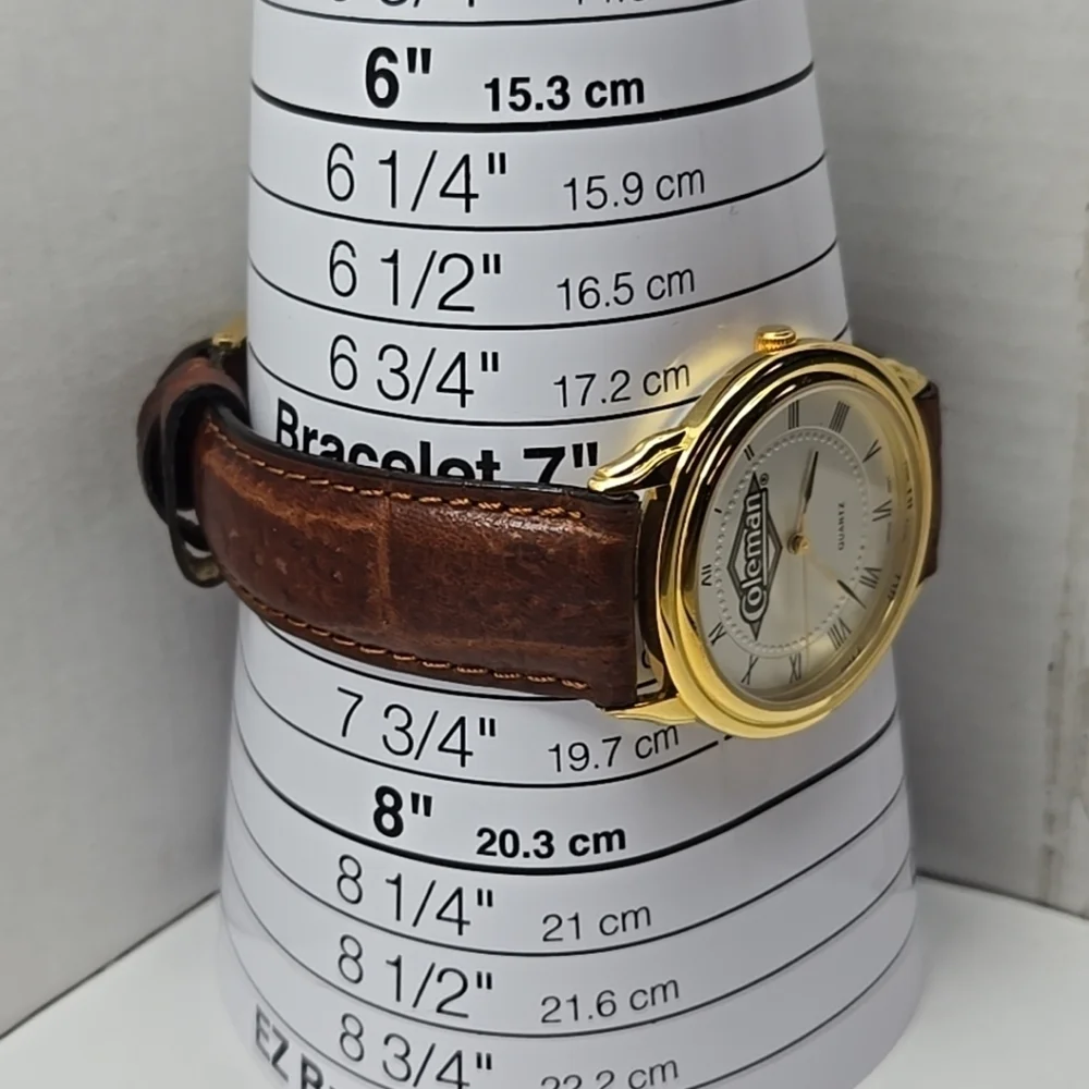 Coleman Quartz 18k Gold Plated Roman Numeral Dial Mens Leather Strap New Battery